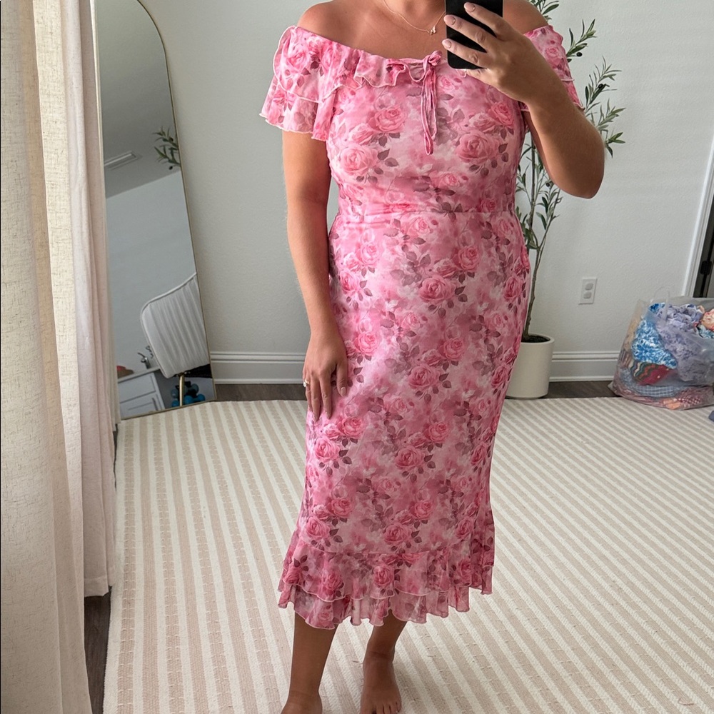 Pink Floral Off-Shoulder Midi Dress